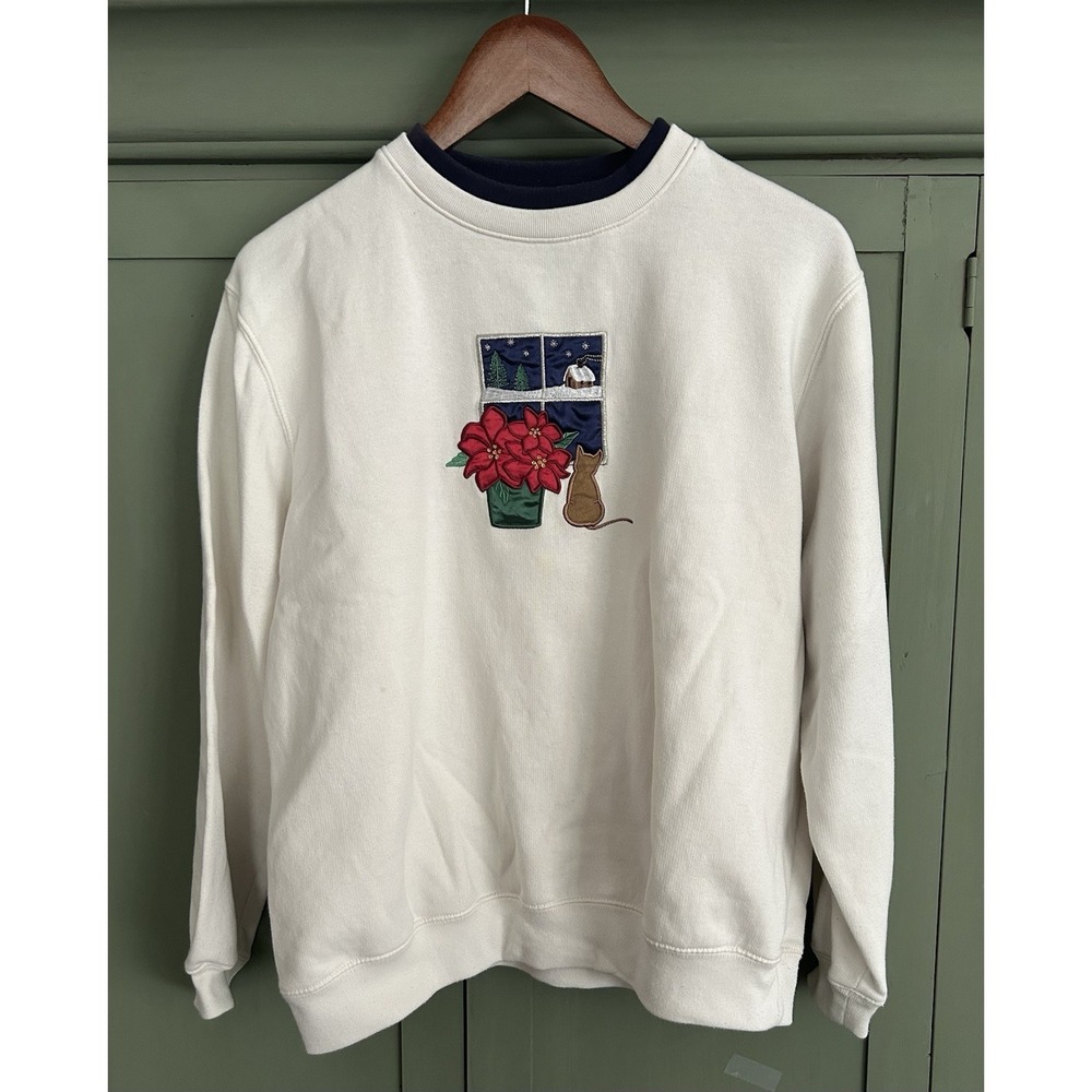 Vintage Christmas Sweatshirt Kittens Cat Sweater Size M Embroidered Poinsetta